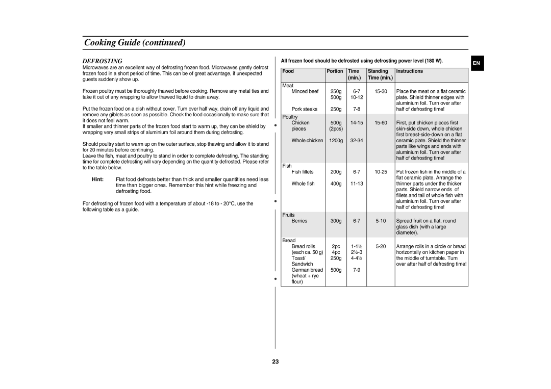 Samsung CE107BA-S/XEH manual Defrosting 