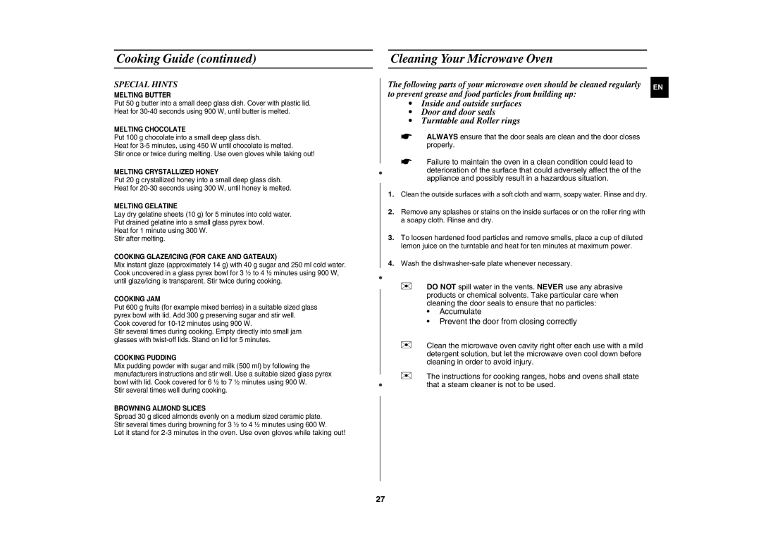 Samsung CE107BA-S/XEH manual Cleaning Your Microwave Oven, Special Hints 