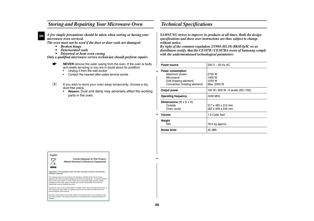 Samsung CE107BA-S/XEH manual Dimensions W x D x H, Noise level 