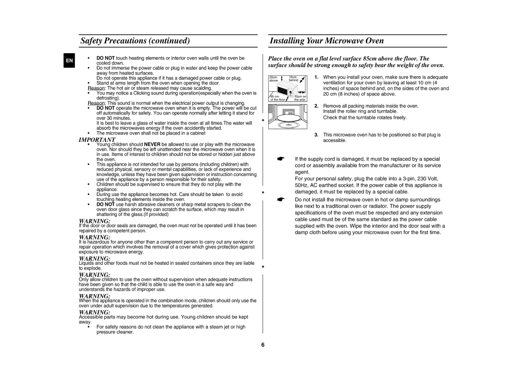 Samsung CE107BA-S/XEH manual Safety Precautions Installing Your Microwave Oven, 20 cm 8 inches of space above 