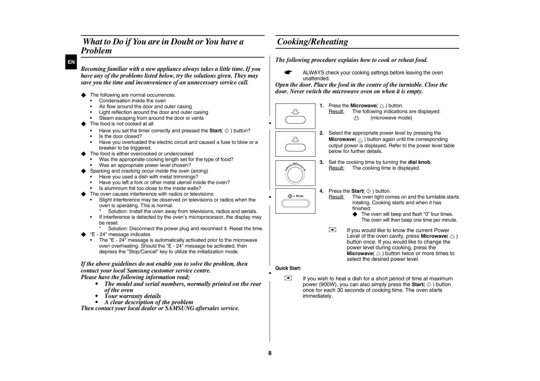 Samsung CE107BA-S/XEH manual What to Do if You are in Doubt or You have a Problem, Cooking/Reheating, Quick Start 