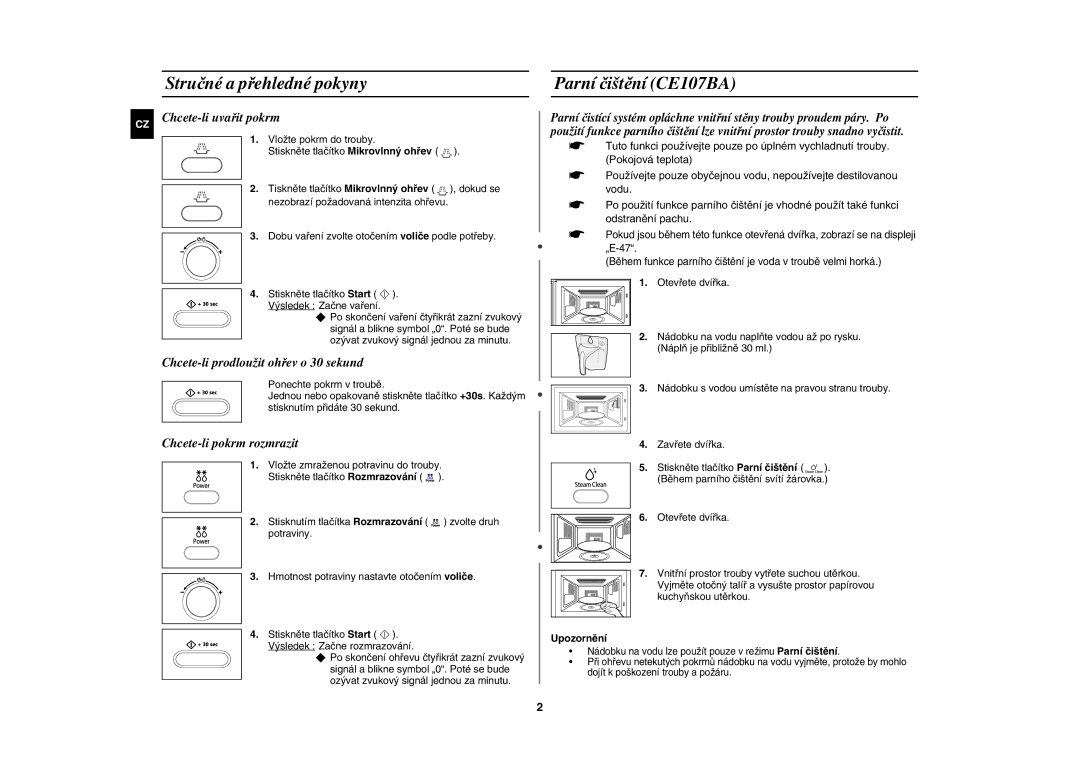 Samsung CE107BA-S/XEH manual Stručné a přehledné pokyny Parní čištění CE107BA, Upozornění 