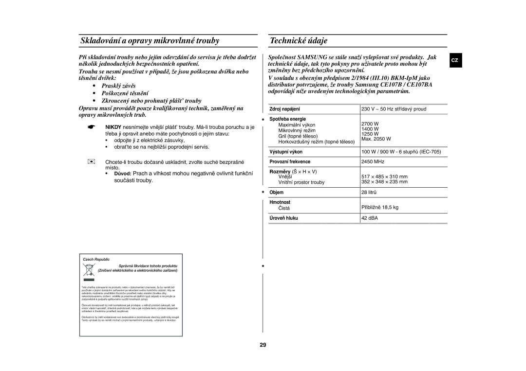 Samsung CE107BA-S/XEH manual Skladování a opravy mikrovlnné trouby, Technické údaje 