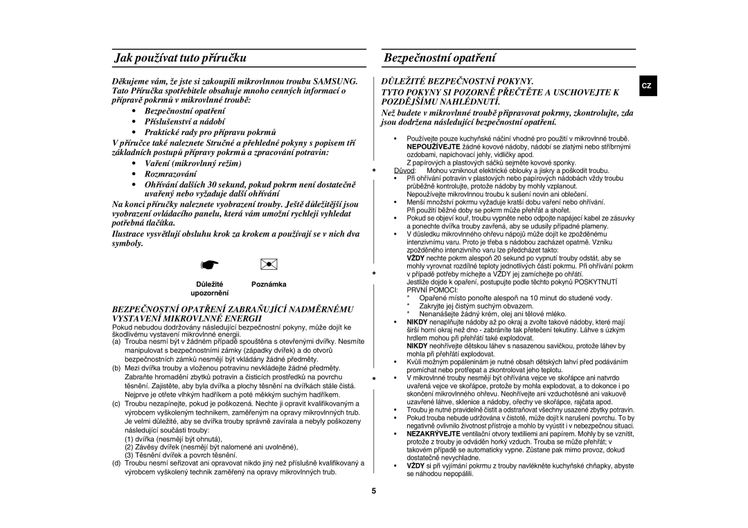 Samsung CE107BA-S/XEH manual Jak používat tuto příručku, Bezpečnostní opatření, DůležitéPoznámka upozornění 