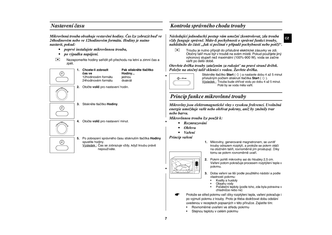 Samsung CE107BA-S/XEH manual Nastavení času, Kontrola správného chodu trouby, Princip funkce mikrovlnné trouby 