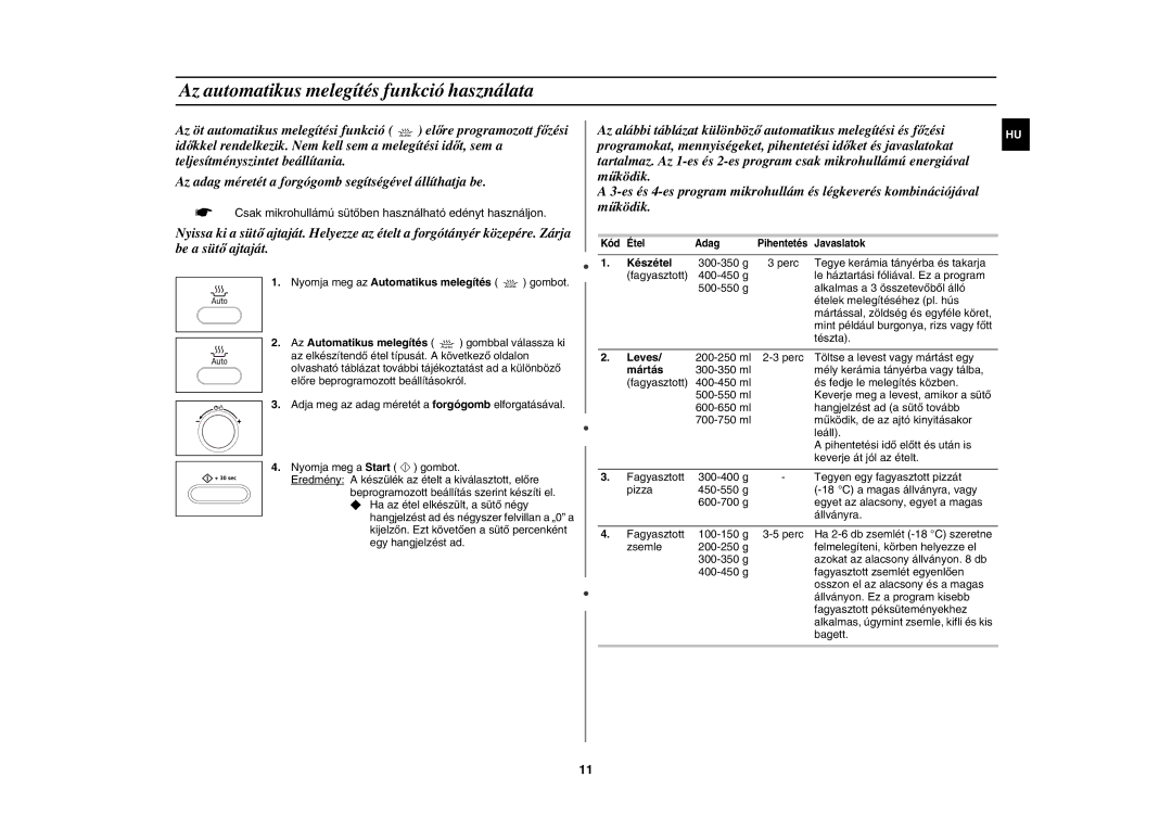 Samsung CE107BA-S/XEH manual Az automatikus melegítés funkció használata, Készétel, Leves, Mártás 