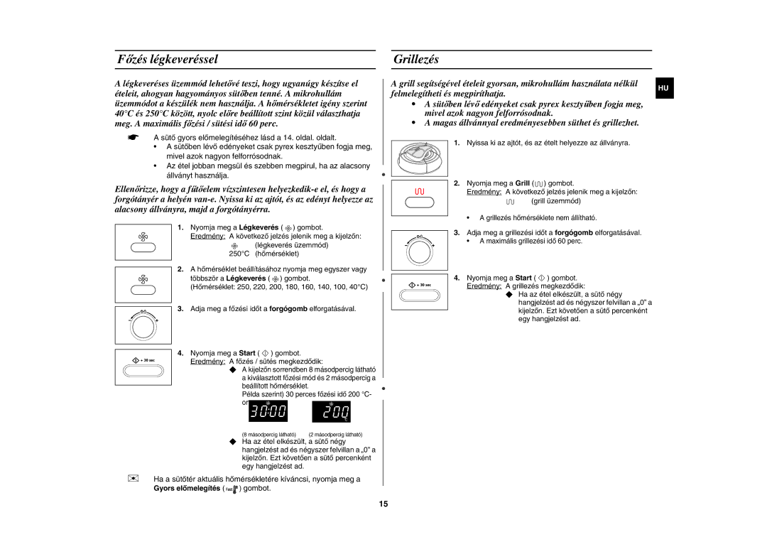 Samsung CE107BA-S/XEH manual Főzés légkeveréssel, Grillezés 