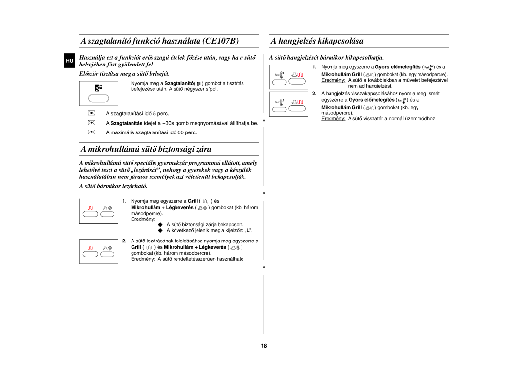 Samsung CE107BA-S/XEH manual Mikrohullámú sütő biztonsági zára, Mikrohullám + Légkeverés gombokat kb. három másodpercre 