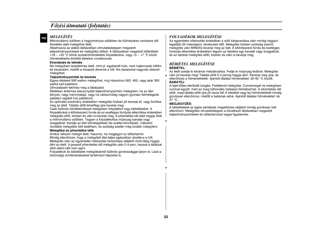 Samsung CE107BA-S/XEH manual Folyadékok Melegítése, Bébiétel Melegítése 