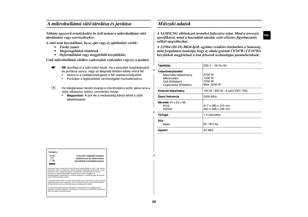 Samsung CE107BA-S/XEH manual Mikrohullámú sütő tárolása és javítása, Műszaki adatok 