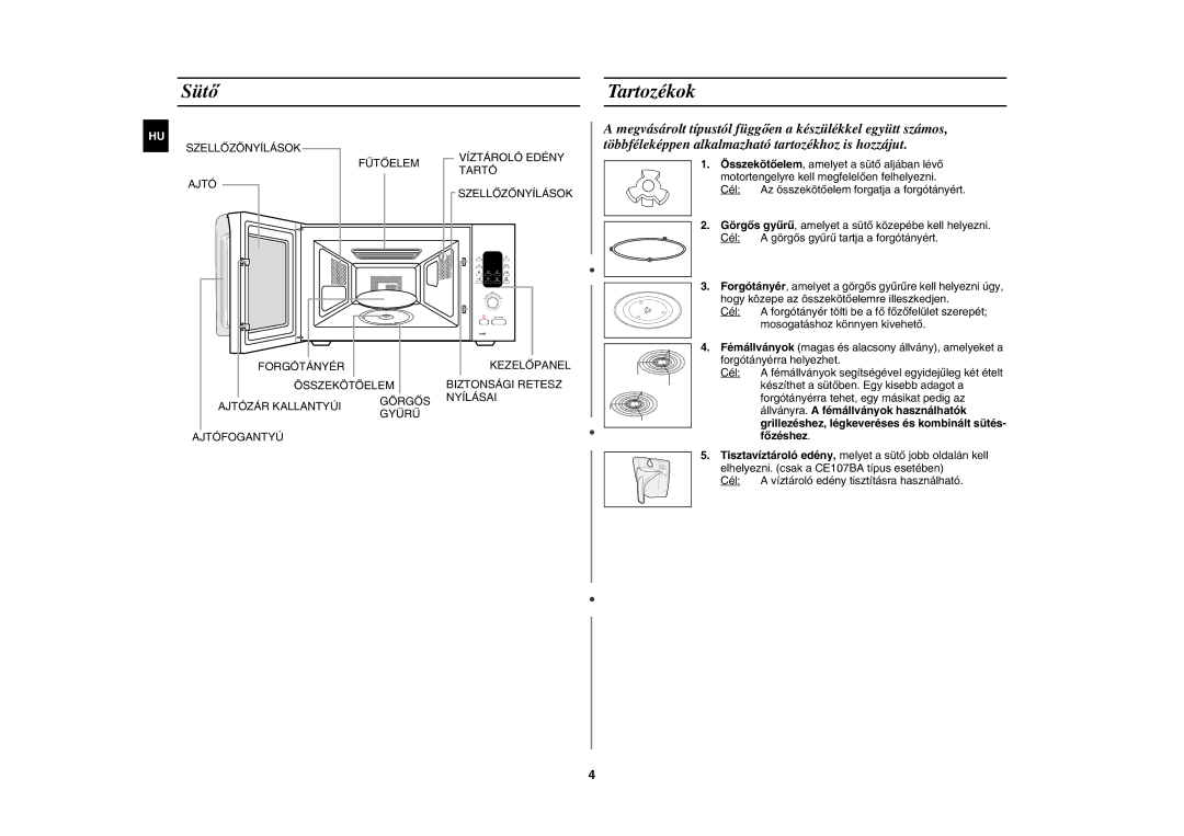 Samsung CE107BA-S/XEH manual Sütő, Tartozékok, Állványra. a fémállványok használhatók, Főzéshez 