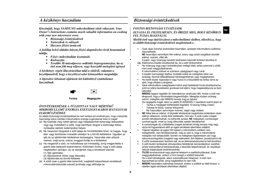 Samsung CE107BA-S/XEH manual Kézikönyv használata, Biztonsági óvintézkedések, FontosMegjegyzés 