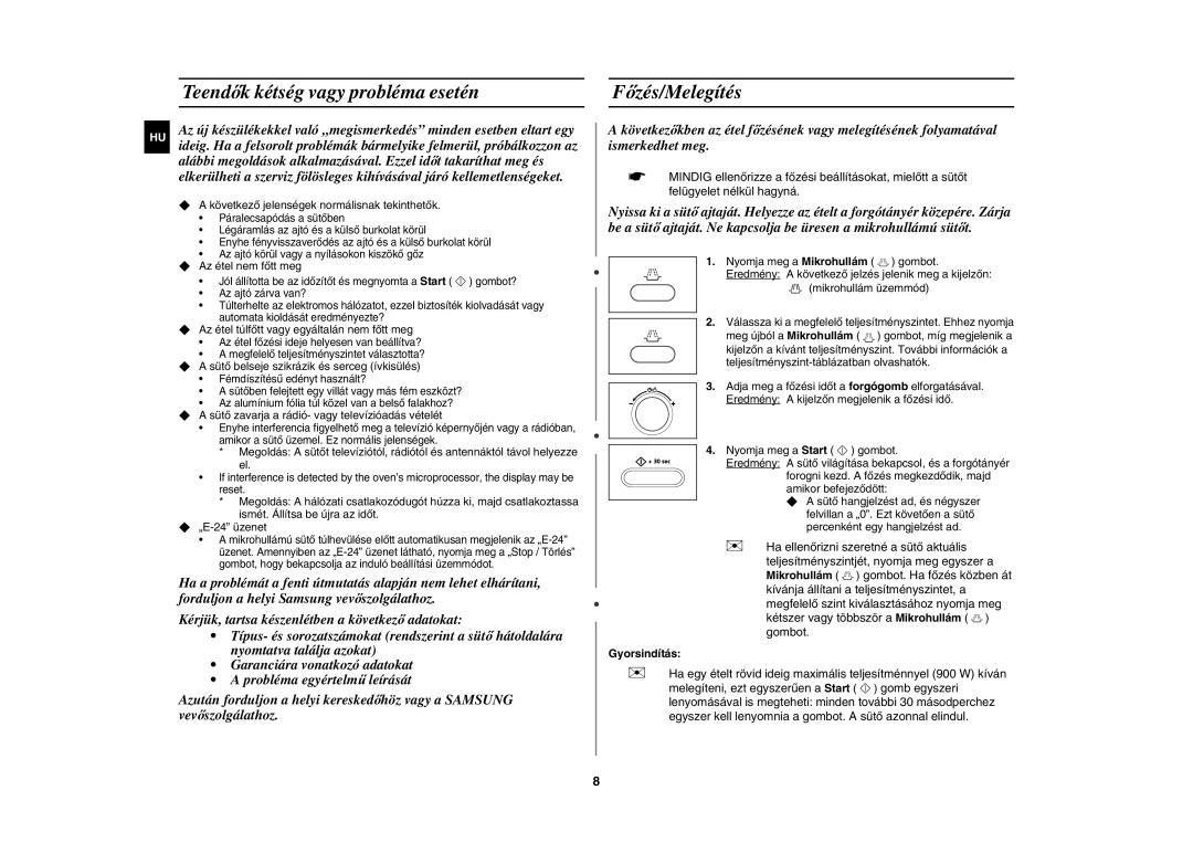 Samsung CE107BA-S/XEH manual Teendők kétség vagy probléma esetén, Főzés/Melegítés, Gyorsindítás 
