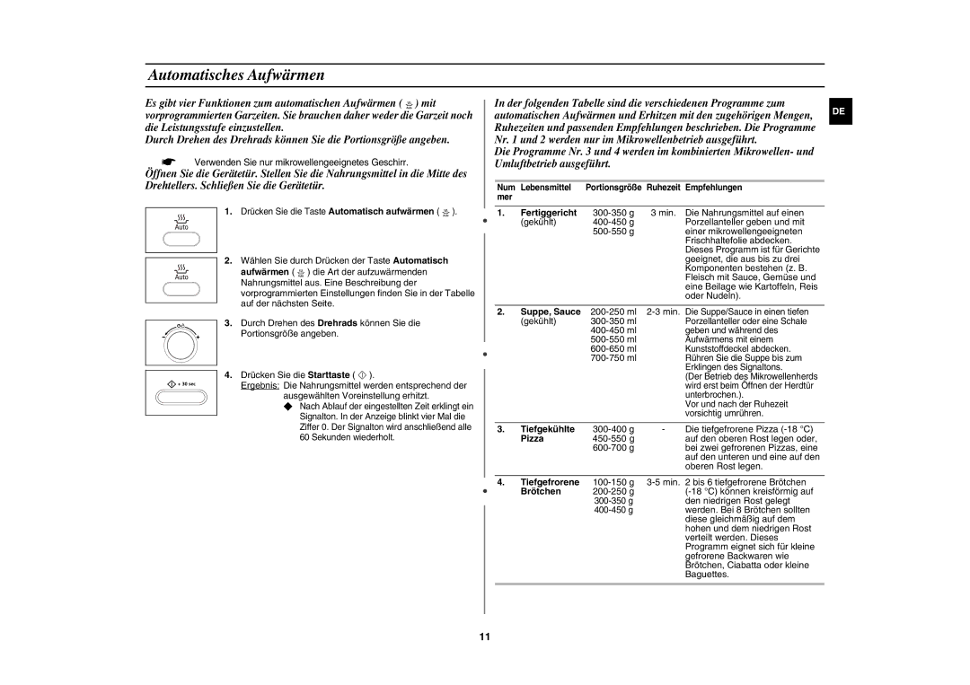 Samsung CE107BT-S/XEG manual Automatisches Aufwärmen 