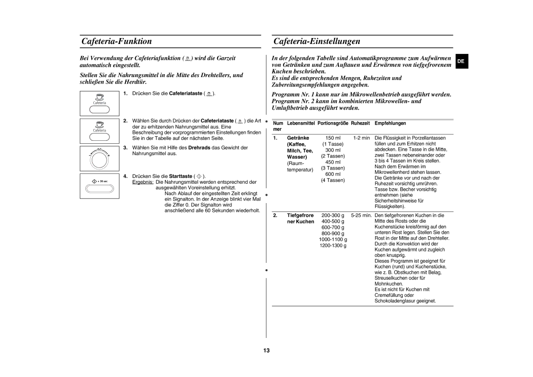 Samsung CE107BT-S/XEG manual Cafeteria-Funktion Cafeteria-Einstellungen 