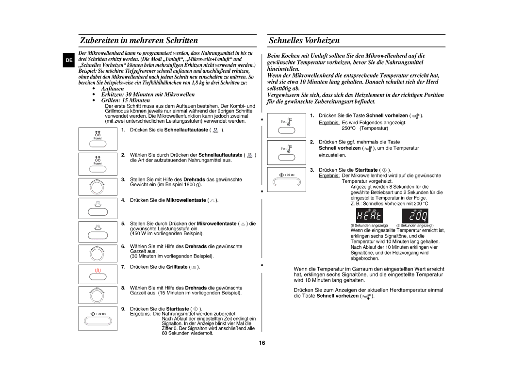 Samsung CE107BT-S/XEG manual Zubereiten in mehreren Schritten, Schnelles Vorheizen, Drücken Sie die Schnellauftautaste 