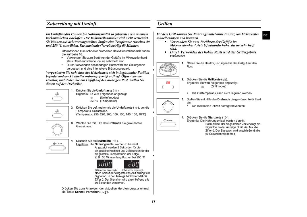 Samsung CE107BT-S/XEG manual Zubereitung mit Umluft Grillen 