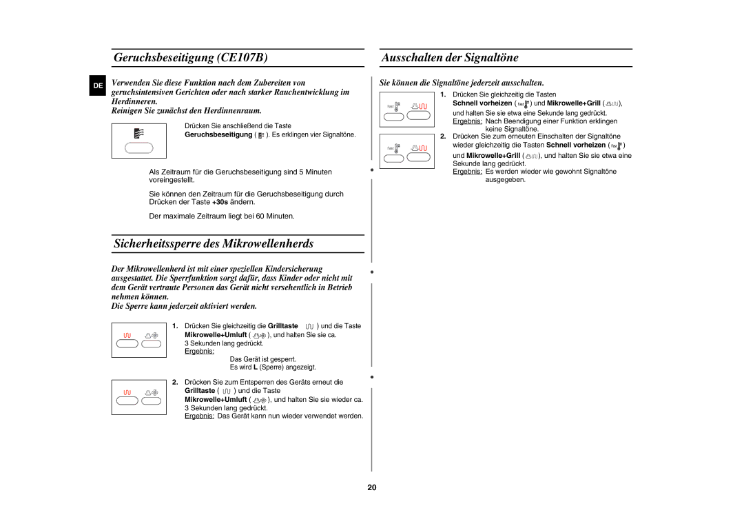 Samsung CE107BT-S/XEG manual Geruchsbeseitigung CE107B Ausschalten der Signaltöne, Sicherheitssperre des Mikrowellenherds 