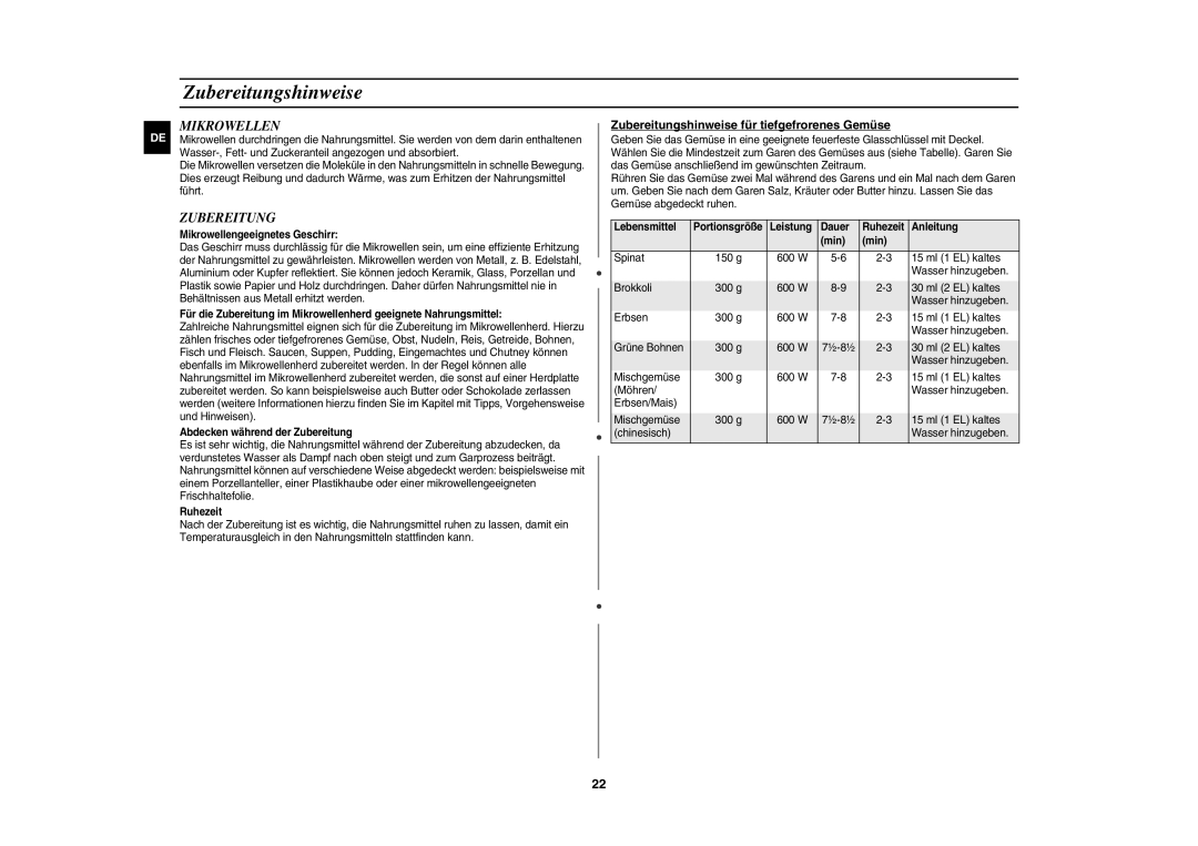 Samsung CE107BT-S/XEG manual Mikrowellen, Zubereitungshinweise für tiefgefrorenes Gemüse 