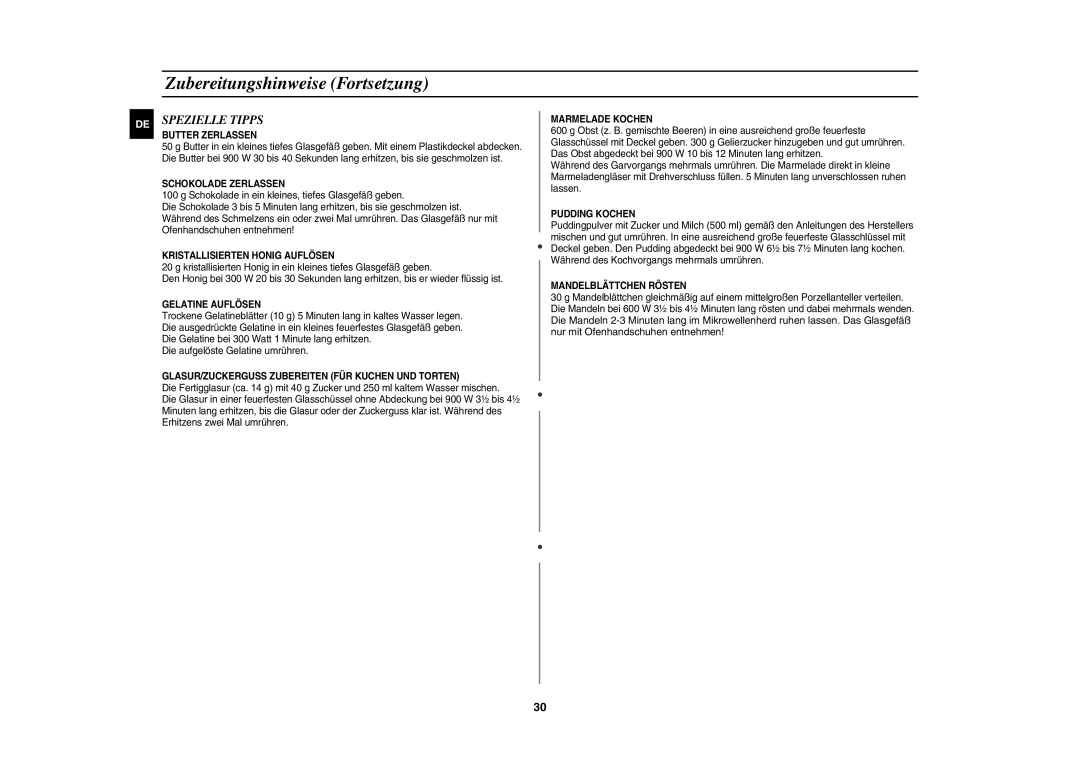 Samsung CE107BT-S/XEG manual Spezielle Tipps, Butter Zerlassen 