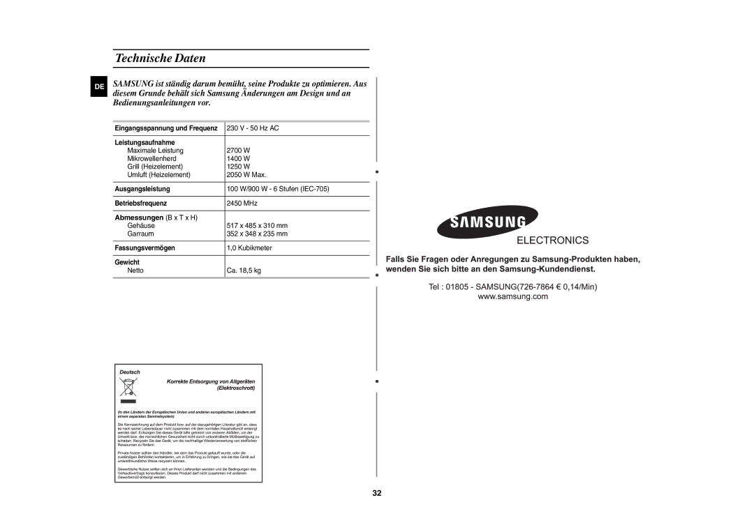 Samsung CE107BT-S/XEG manual Technische Daten, Abmessungen B x T x H 