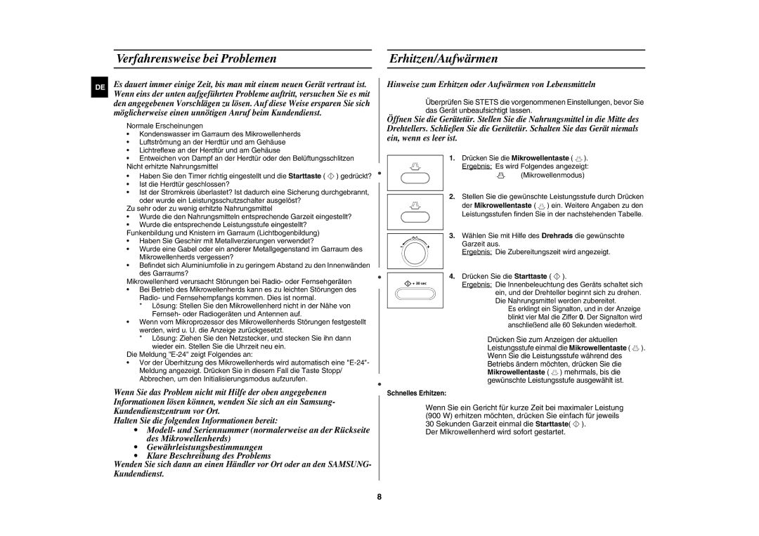 Samsung CE107BT-S/XEG manual Verfahrensweise bei Problemen Erhitzen/Aufwärmen, Schnelles Erhitzen 