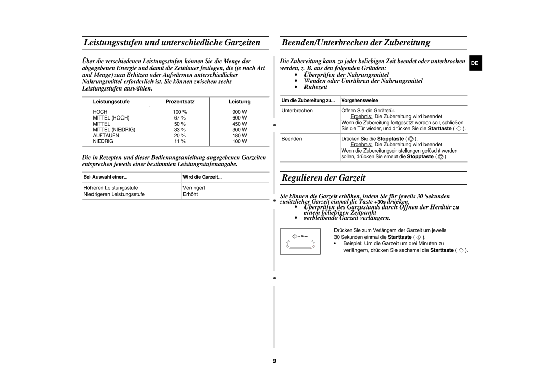 Samsung CE107BT-S/XEG manual Regulieren der Garzeit, Leistungsstufe Prozentsatz, Unterbrechen, Beenden 