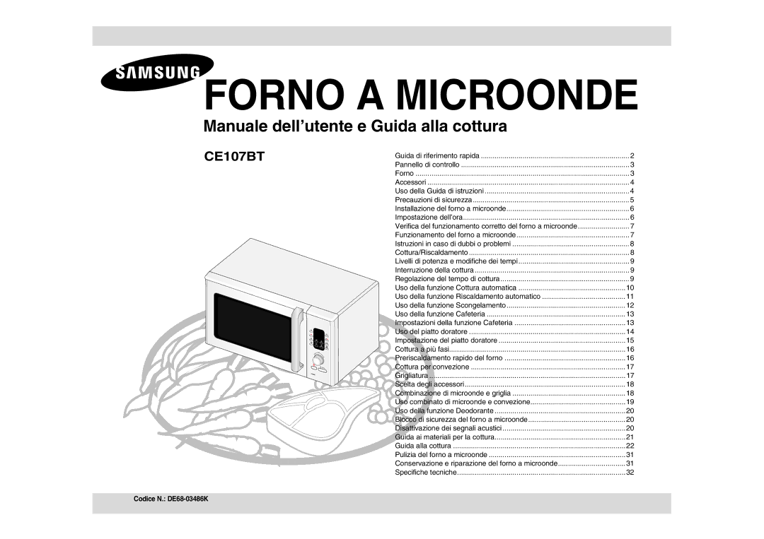 Samsung CE107BT-S/XET, CE107BT/XET manual Forno a Microonde, Codice N. DE68-03486K 