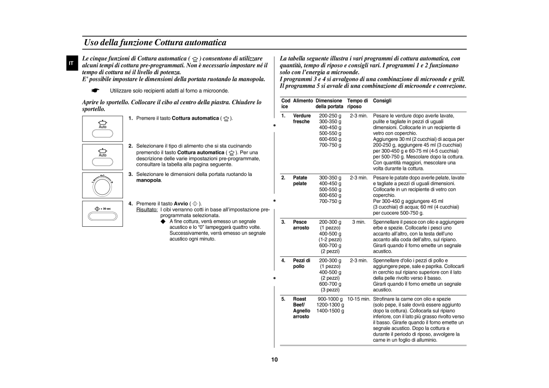 Samsung CE107BT/XET manual Uso della funzione Cottura automatica,  Utilizzare solo recipienti adatti al forno a microonde 