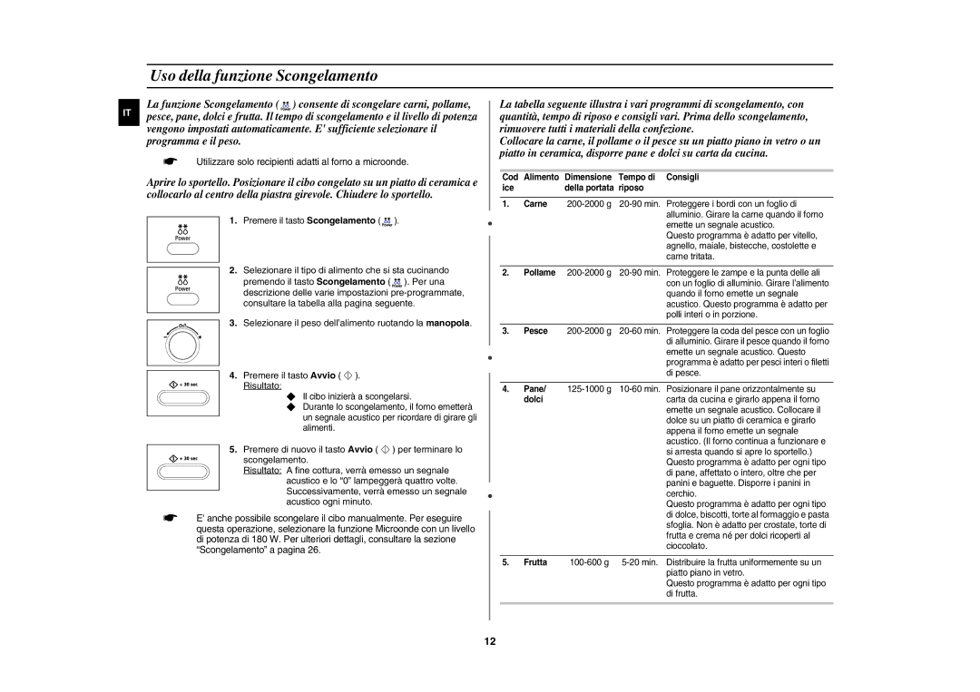 Samsung CE107BT/XET, CE107BT-S/XET manual Uso della funzione Scongelamento 