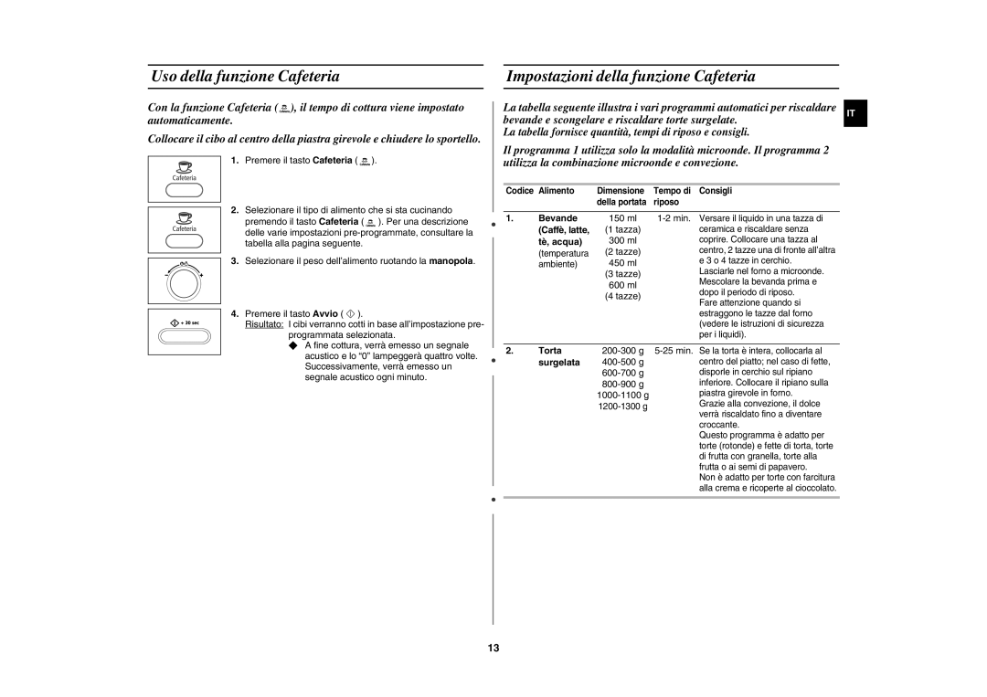 Samsung CE107BT-S/XET, CE107BT/XET manual Bevande, Caffè, latte, Tè, acqua, Torta, Surgelata 
