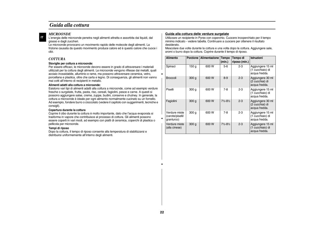 Samsung CE107BT/XET, CE107BT-S/XET manual Microonde, Cottura, Guida alla cottura delle verdure surgelate 