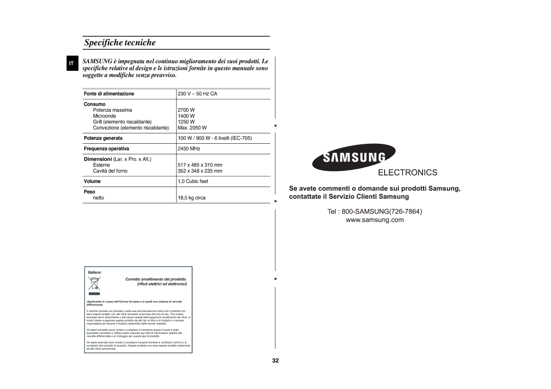 Samsung CE107BT/XET, CE107BT-S/XET manual Specifiche tecniche 