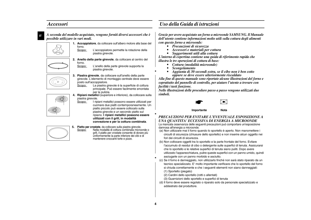 Samsung CE107BT/XET manual Accessori Uso della Guida di istruzioni, Utilizzati con il grill, in modalità, Importante Nota 