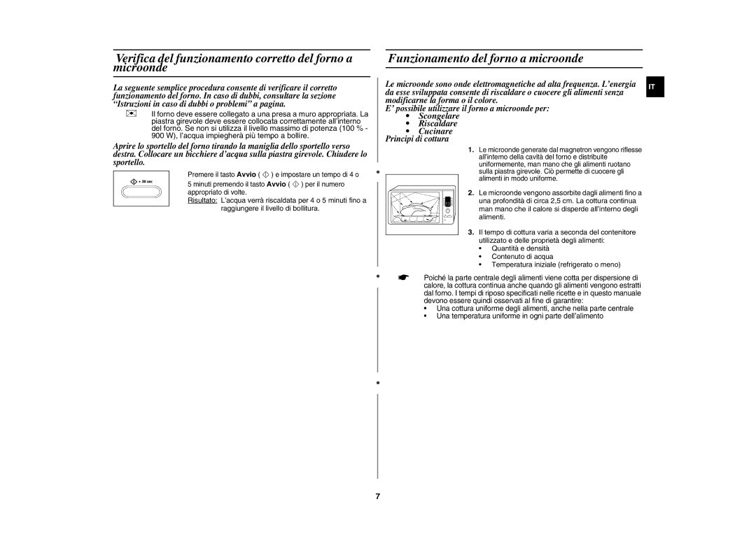Samsung CE107BT-S/XET manual Verifica del funzionamento corretto del forno a microonde, Funzionamento del forno a microonde 