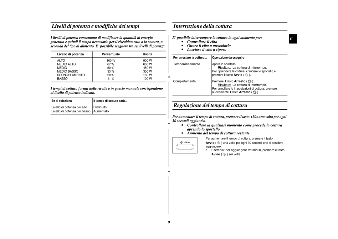 Samsung CE107BT-S/XET manual Regolazione del tempo di cottura, Livello di potenza Percentuale Uscita, Temporaneamente 