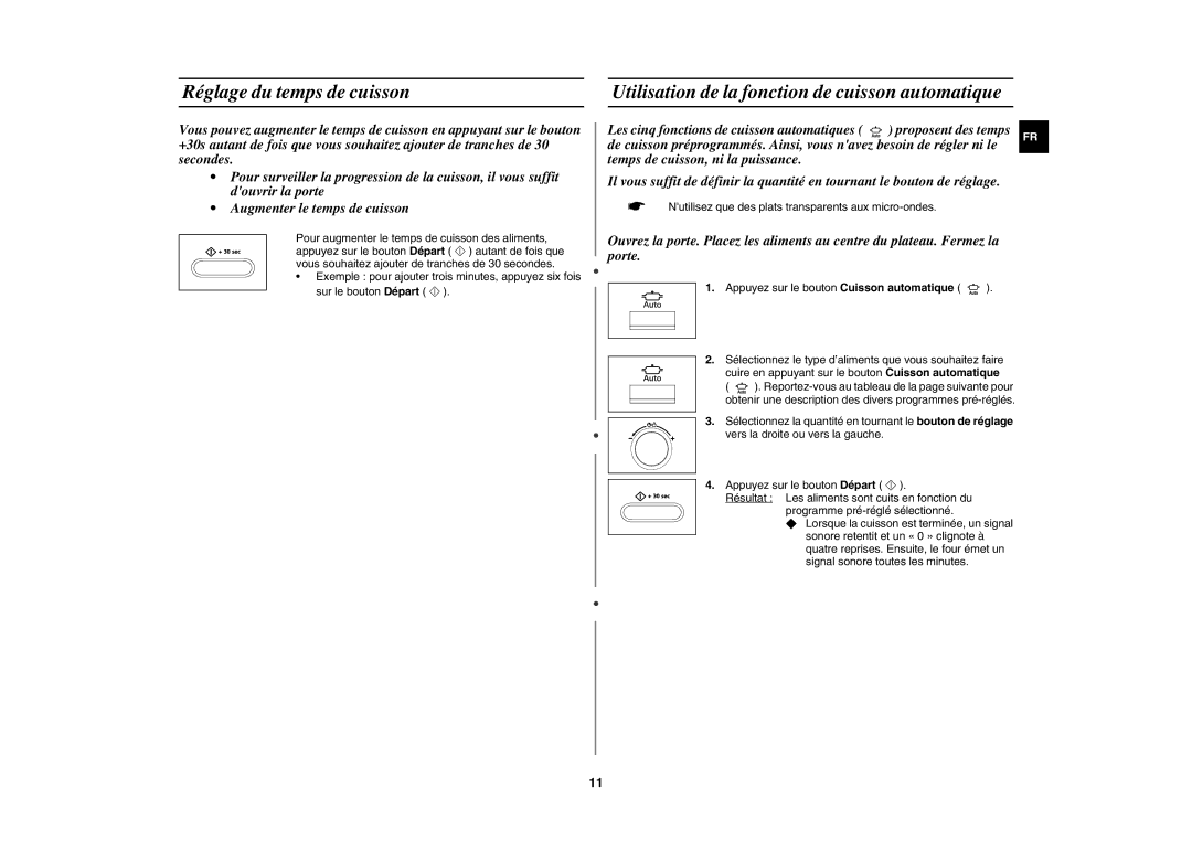 Samsung CE107B-B/XEF, CE107B/XEF manual Réglage du temps de cuisson, Utilisation de la fonction de cuisson automatique 