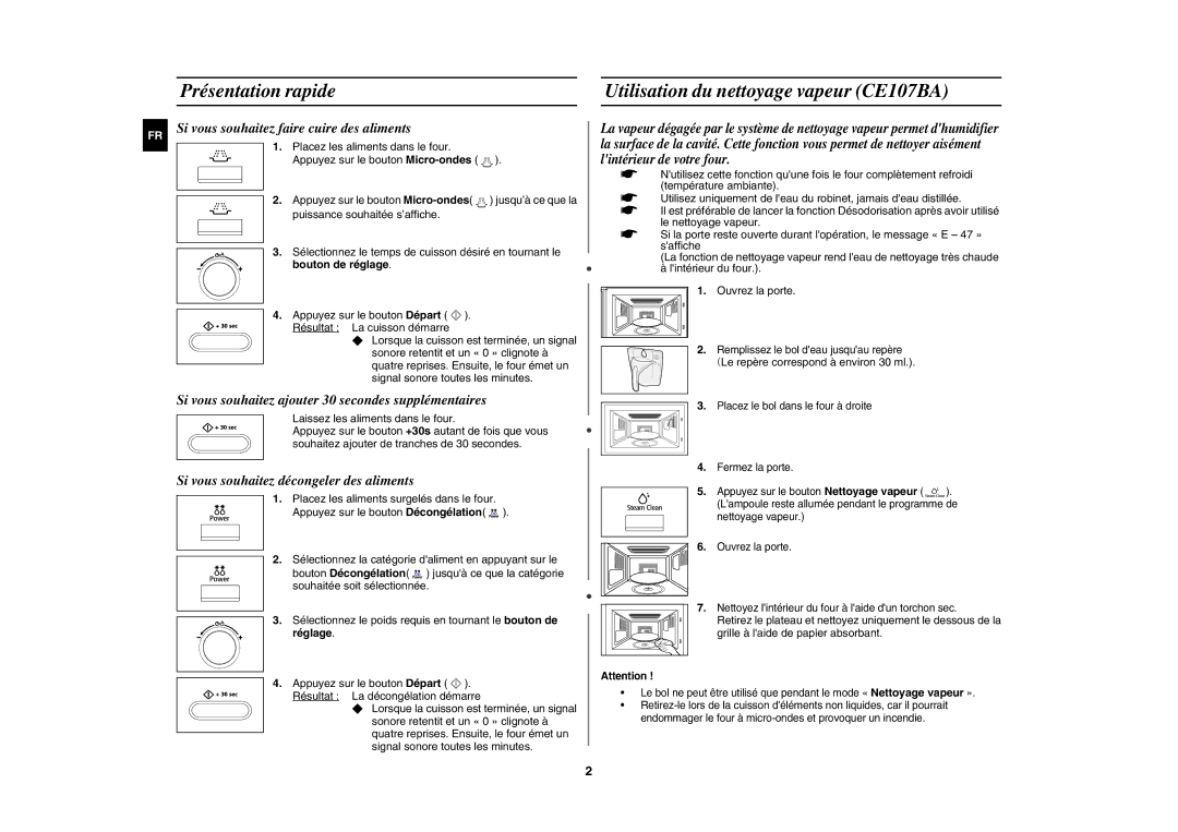 Samsung CE107B-B/XEF, CE107B/XEF, CE107B-S/XEF manual Présentation rapide Utilisation du nettoyage vapeur CE107BA, Réglage 