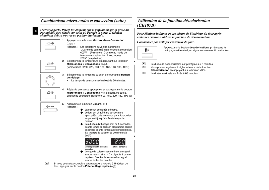 Samsung CE107B-B/XEF manual Combinaison micro-ondes et convection suite, Utilisation de la fonction désodorisation CE107B 