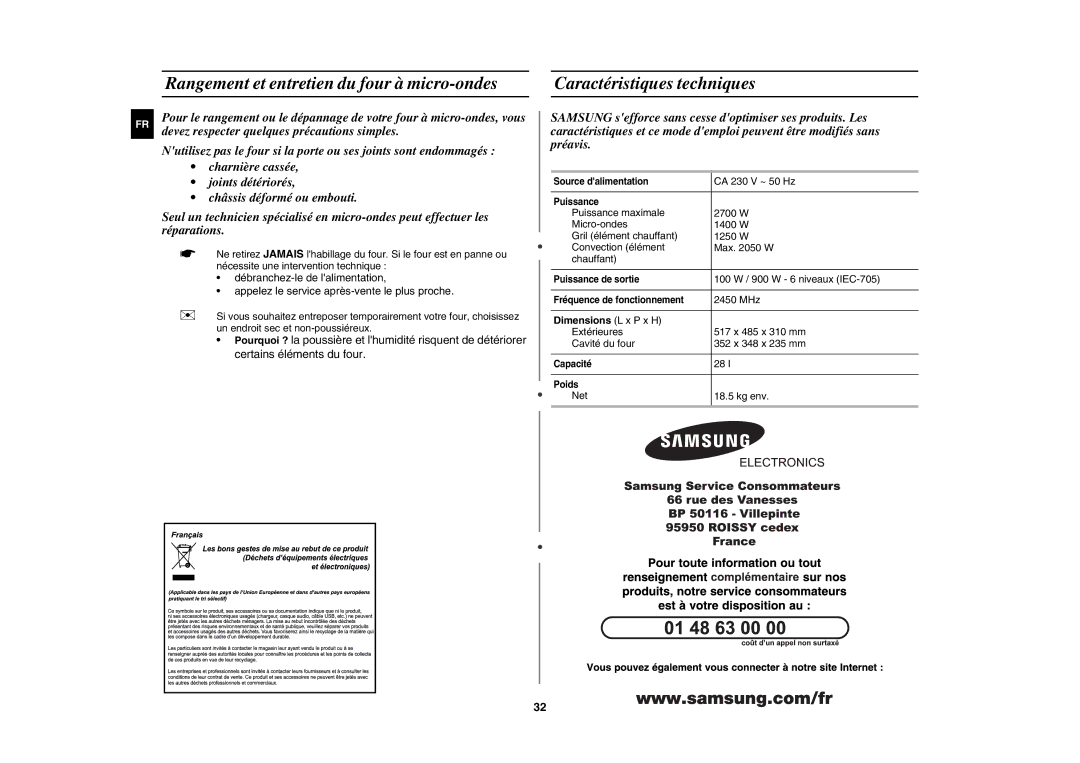 Samsung CE107B-B/XEF manual Rangement et entretien du four à micro-ondes, Caractéristiques techniques, Dimensions L x P x H 