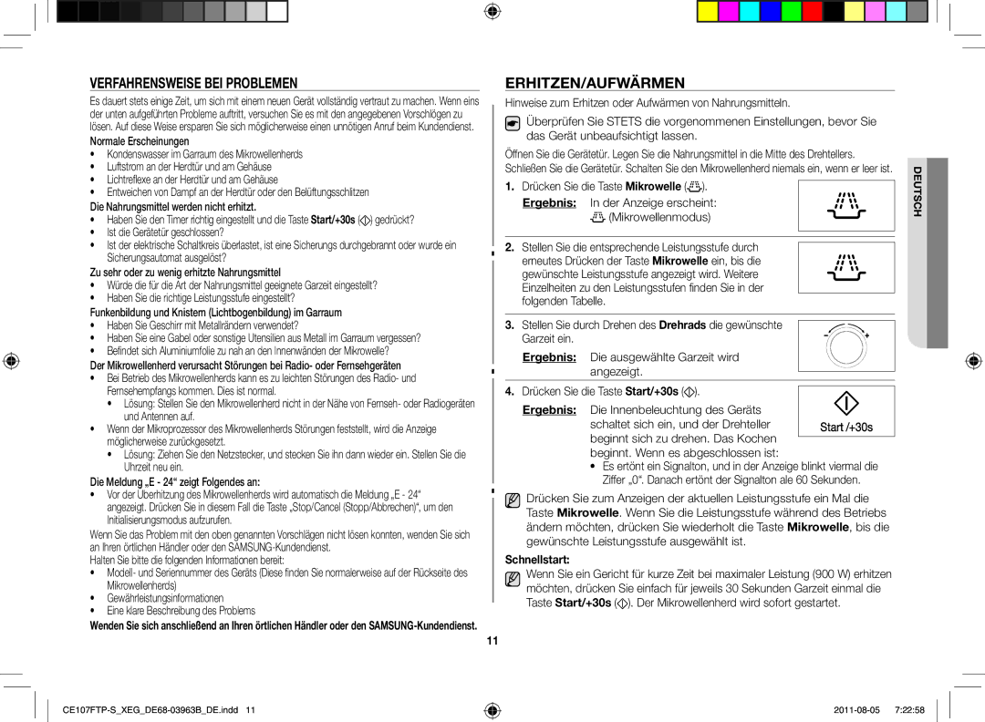 Samsung CE107FT-B/XEG manual Verfahrensweise bei Problemen, Erhitzen/Aufwärmen 