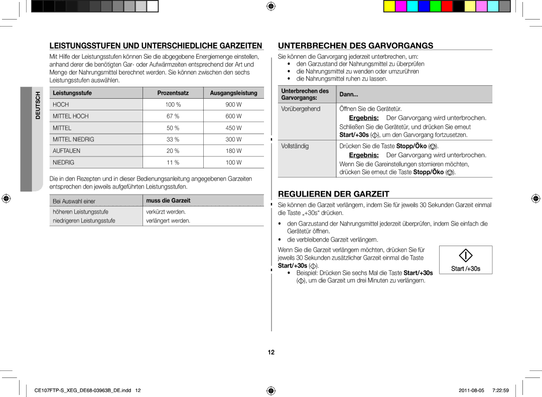 Samsung CE107FT-B/XEG Leistungsstufen und unterschiedliche Garzeiten, Unterbrechen des Garvorgangs, Regulieren der Garzeit 