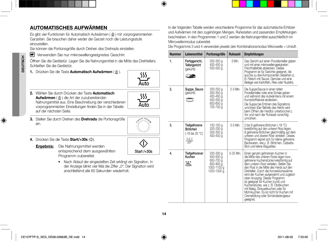 Samsung CE107FT-B/XEG manual Automatisches Aufwärmen, Verwenden Sie nur mikrowellengeeignetes Geschirr, Nummer 