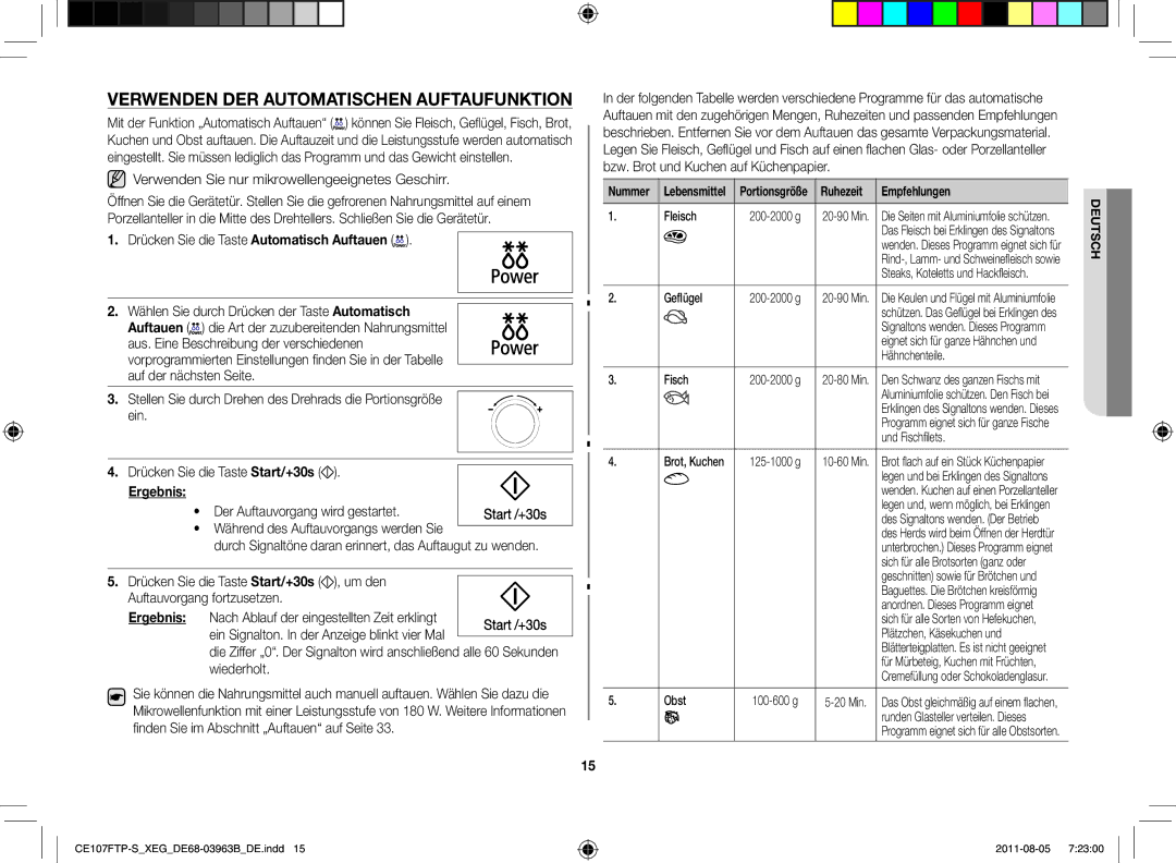 Samsung CE107FT-B/XEG manual Verwenden der automatischen Auftaufunktion, Drücken Sie die Taste Automatisch Auftauen 