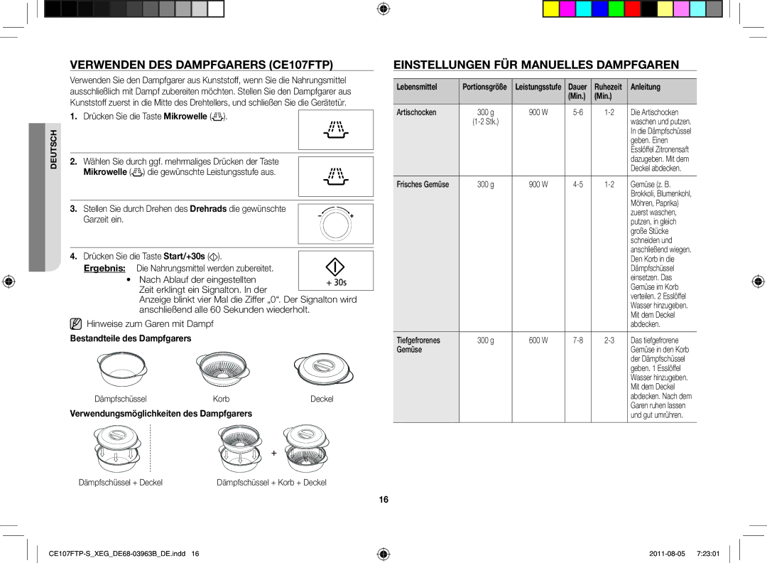 Samsung CE107FT-B/XEG manual Verwenden des Dampfgarers CE107FTP, Einstellungen für manuelles Dampfgaren 