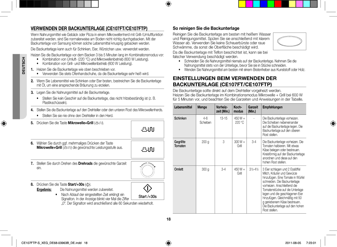 Samsung CE107FT-B/XEG Verwenden der Backunterlage CE107FT/CE107FTP, Menge Vorheiz Koch Garzeit Empfehlungen, Modus Min 