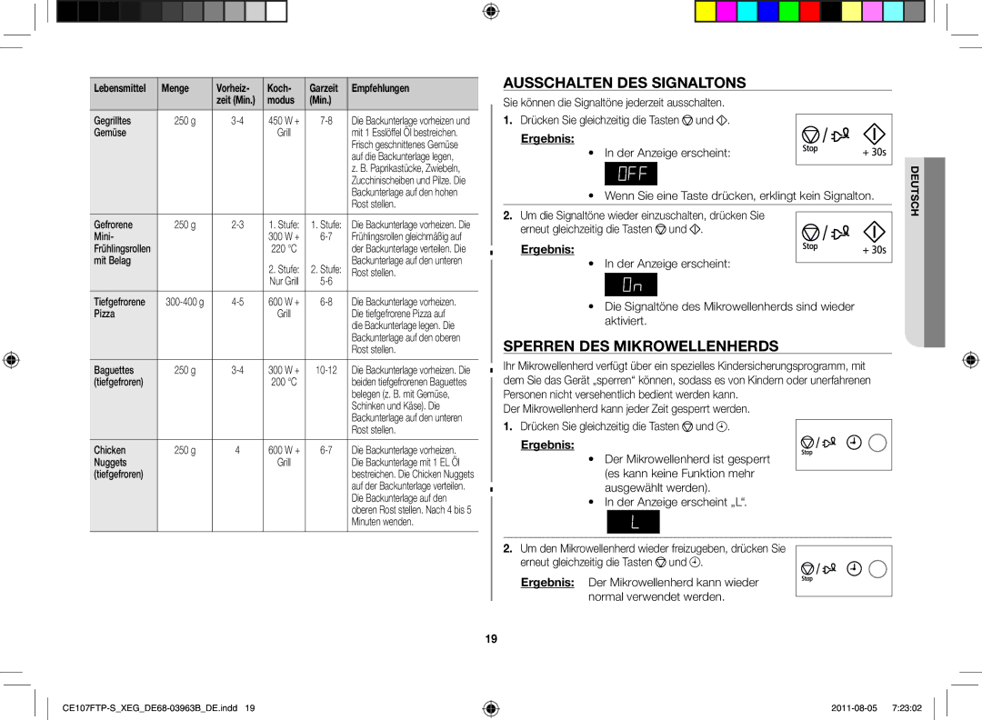 Samsung CE107FT-B/XEG manual Ausschalten des Signaltons, Sperren des Mikrowellenherds, Menge Vorheiz Koch 