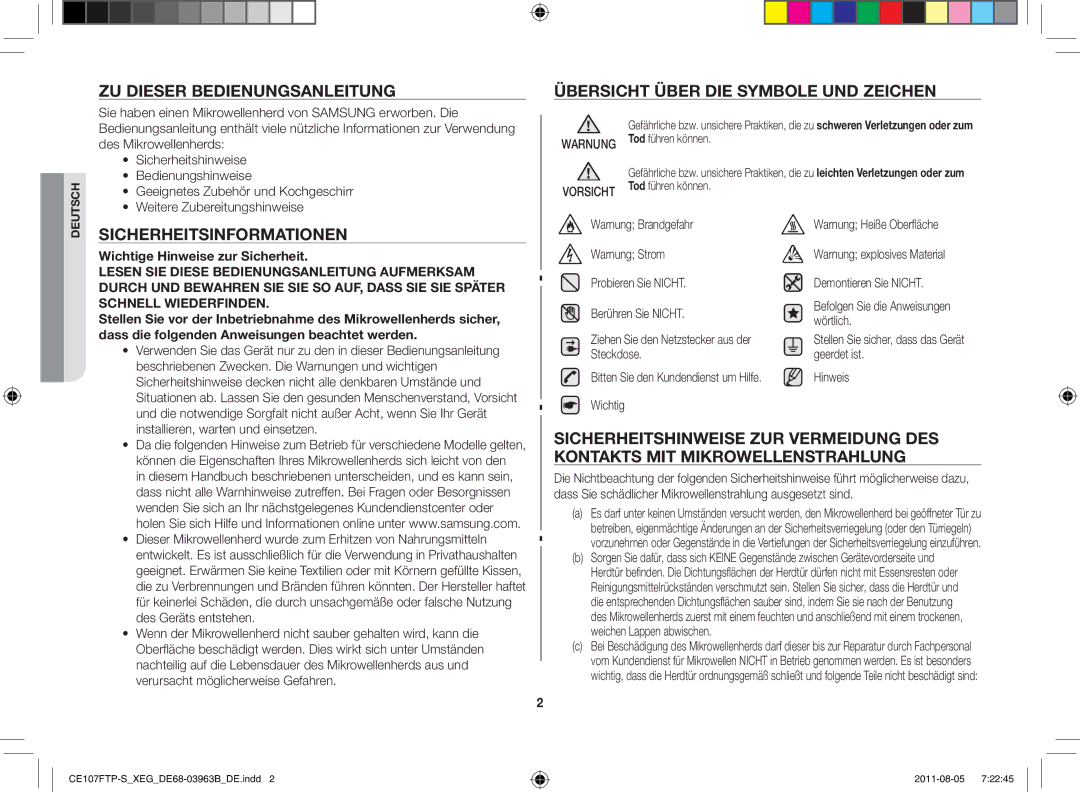 Samsung CE107FT-B/XEG Zu dieser Bedienungsanleitung, Sicherheitsinformationen, Übersicht über die Symbole und Zeichen 