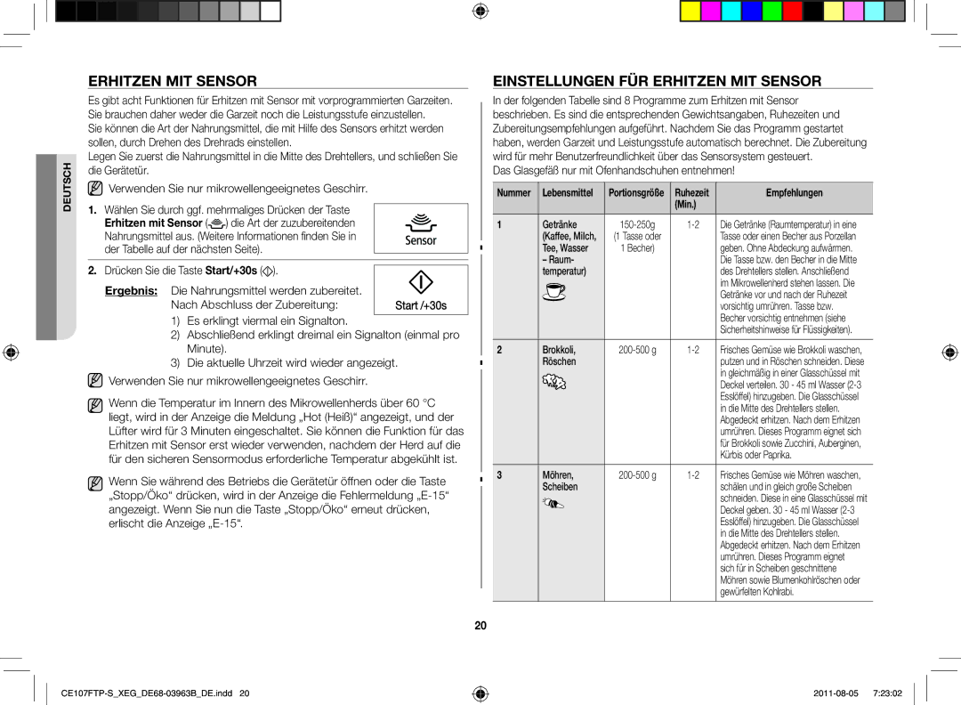 Samsung CE107FT-B/XEG manual Einstellungen für Erhitzen mit Sensor, Das Glasgefäß nur mit Ofenhandschuhen entnehmen 