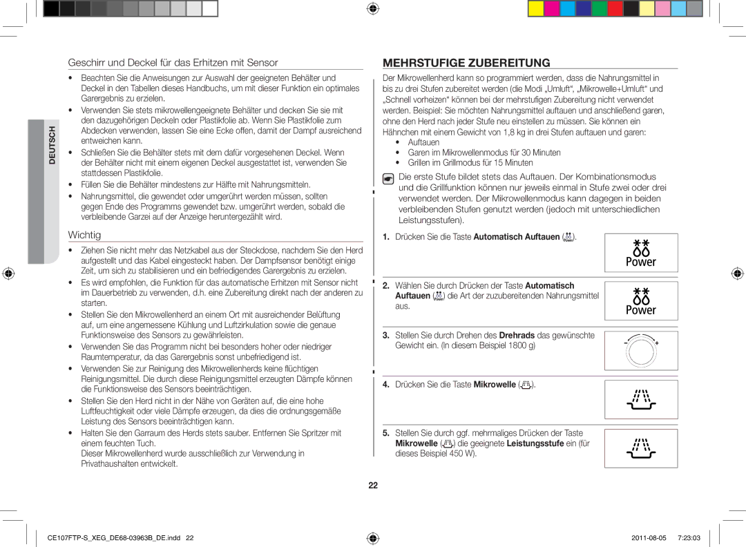 Samsung CE107FT-B/XEG manual Mehrstufige Zubereitung, Geschirr und Deckel für das Erhitzen mit Sensor 